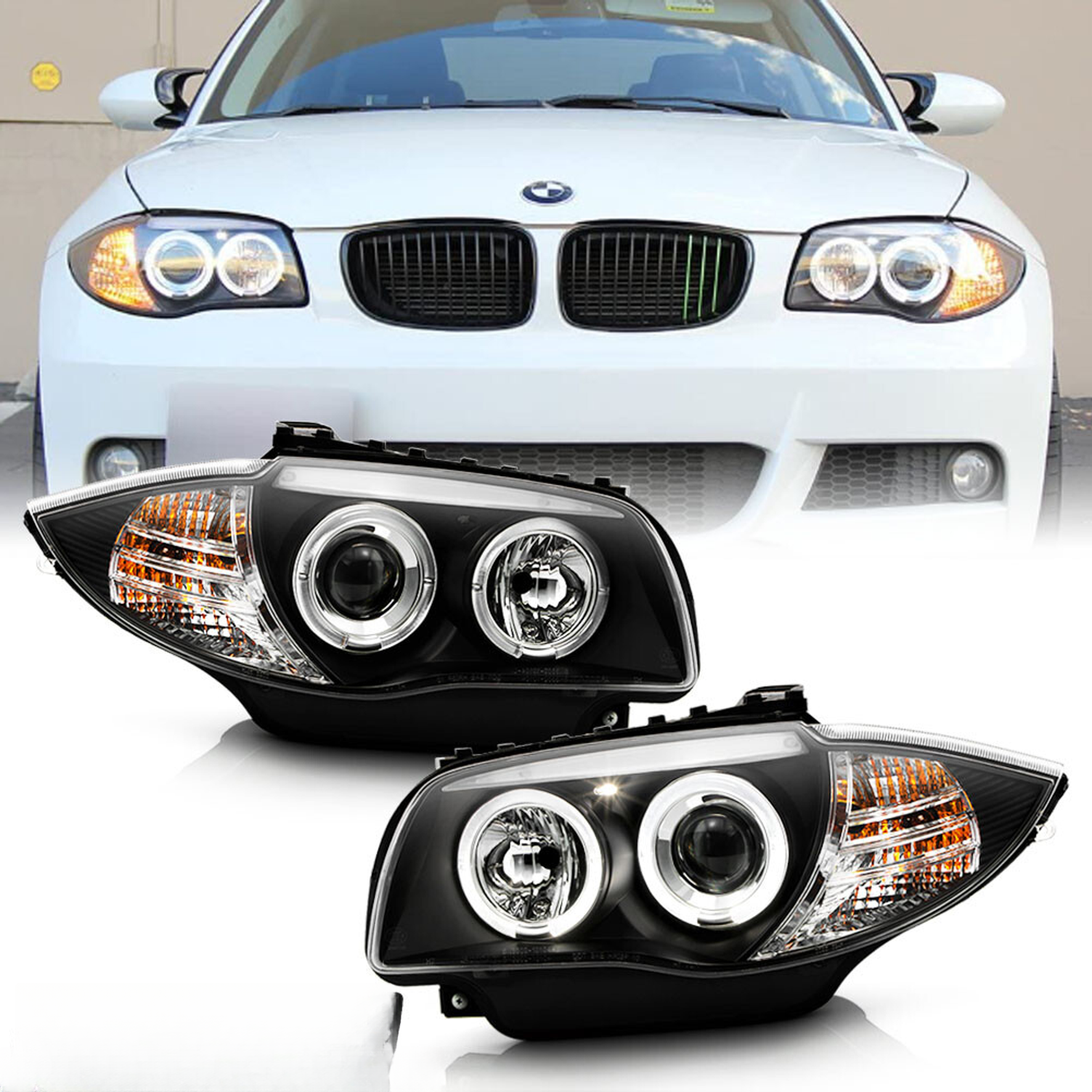 For Halogen Model 2008-2013 BMW E87 128i 135i Blk LED Halo Projector Headlights - Image 2