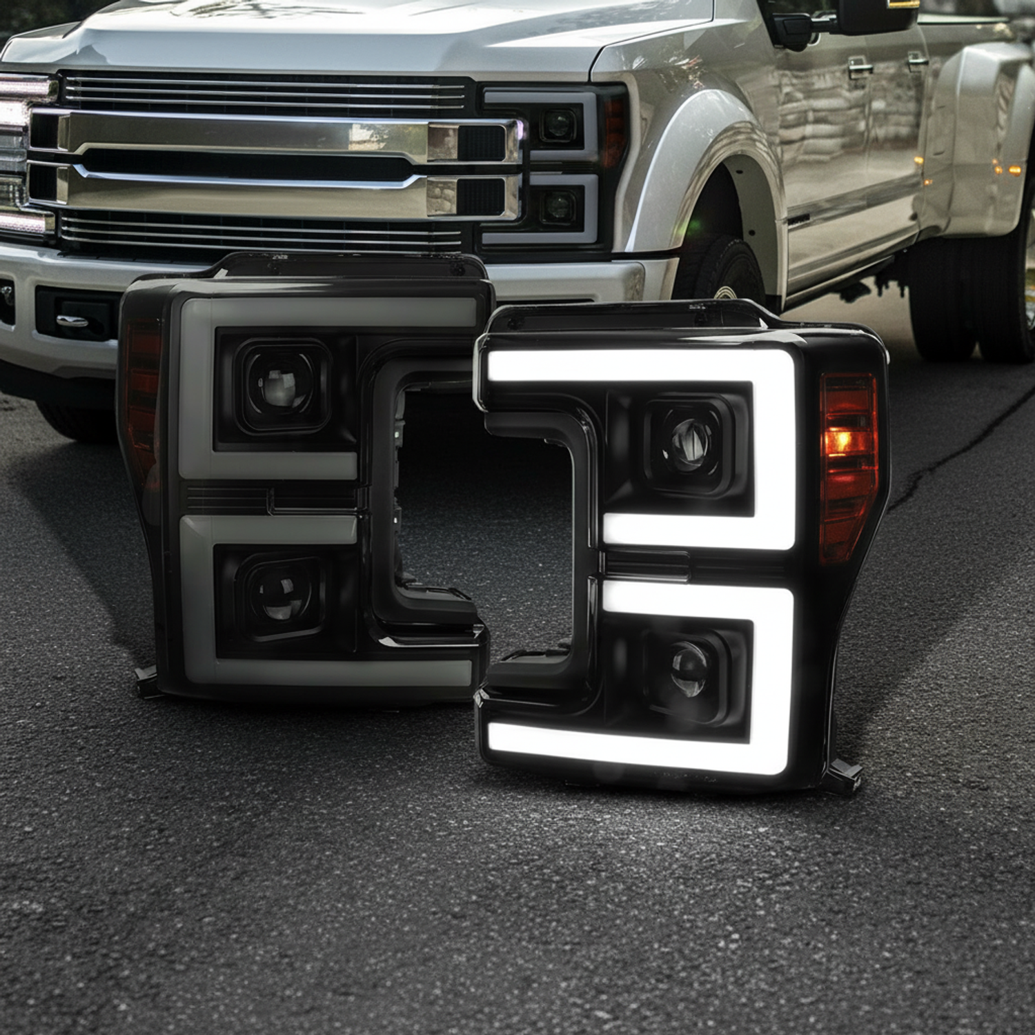 Spec-D Tuning Black Smoke Projector Headlights w/ LED Sequential Turn Signal Switchback Compatible with 2017-2019 Ford F-250, F-350, F-450, F-550 Super Duty, Left + Right Pair Headlamps Assembly - Image 2