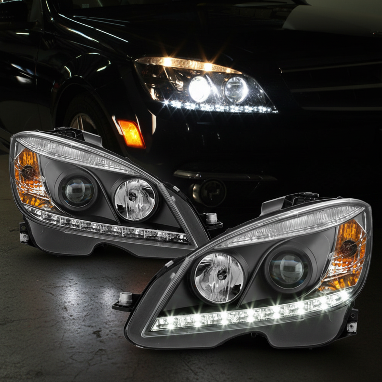 Top Gear Motors Black LED DRL Projector Headlight Pair Left and Right for 2008–2011 Mercedes-Benz C-Class W204 - Image 2