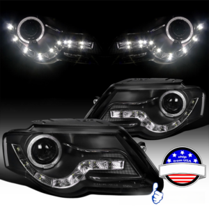 Spec-D Tuning Black Halo Projector Headlights + R8 Sty LED Lamps Compatible with 2006-2010 Volkswagen Passat, Left + Right Pair Headlamps Assembly