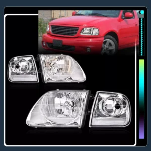 Pair Chrome Headlights w/Clear Corner For 1997-2003 Ford F150/97-02 Expedition