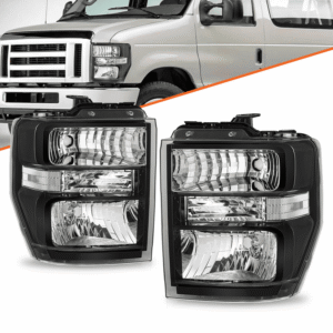 Top Gear Motors Headlights for Ford E-Series 2008–2014 E150 E250 E350 E450 Halogen Black Housing Left and Right Headlamp Assembly Pair