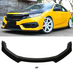 Fit 2016-2021 Honda Civic Gloss Black Front Bumper Splitter Spoiler Lip 3pcs